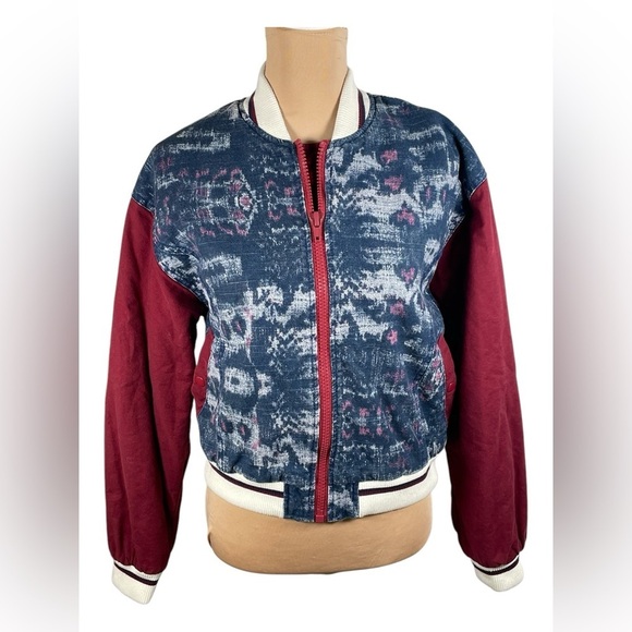 FREE PEOPLE Varsity of Dreams Bomber Jacket Denim Maroon XS - Picture 4 of 13